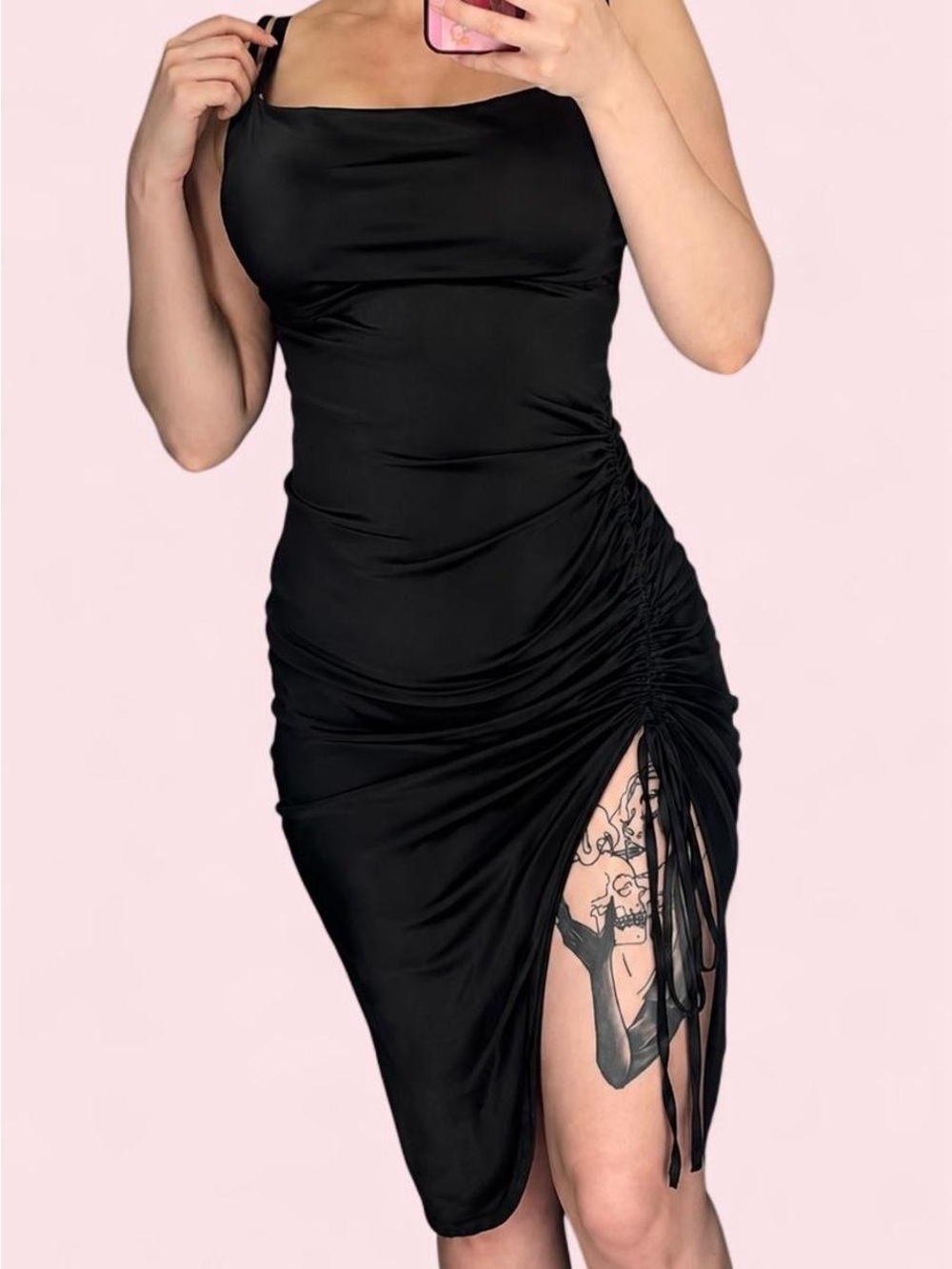 Black Ruched Draw String Midi Dress - Women's Small